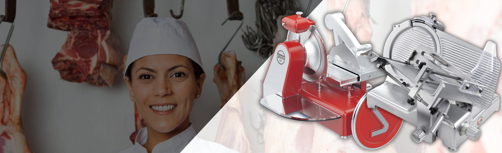 Foto di un'affettatrice manuale e di una elettrica con una macelleria sullo sfondo.